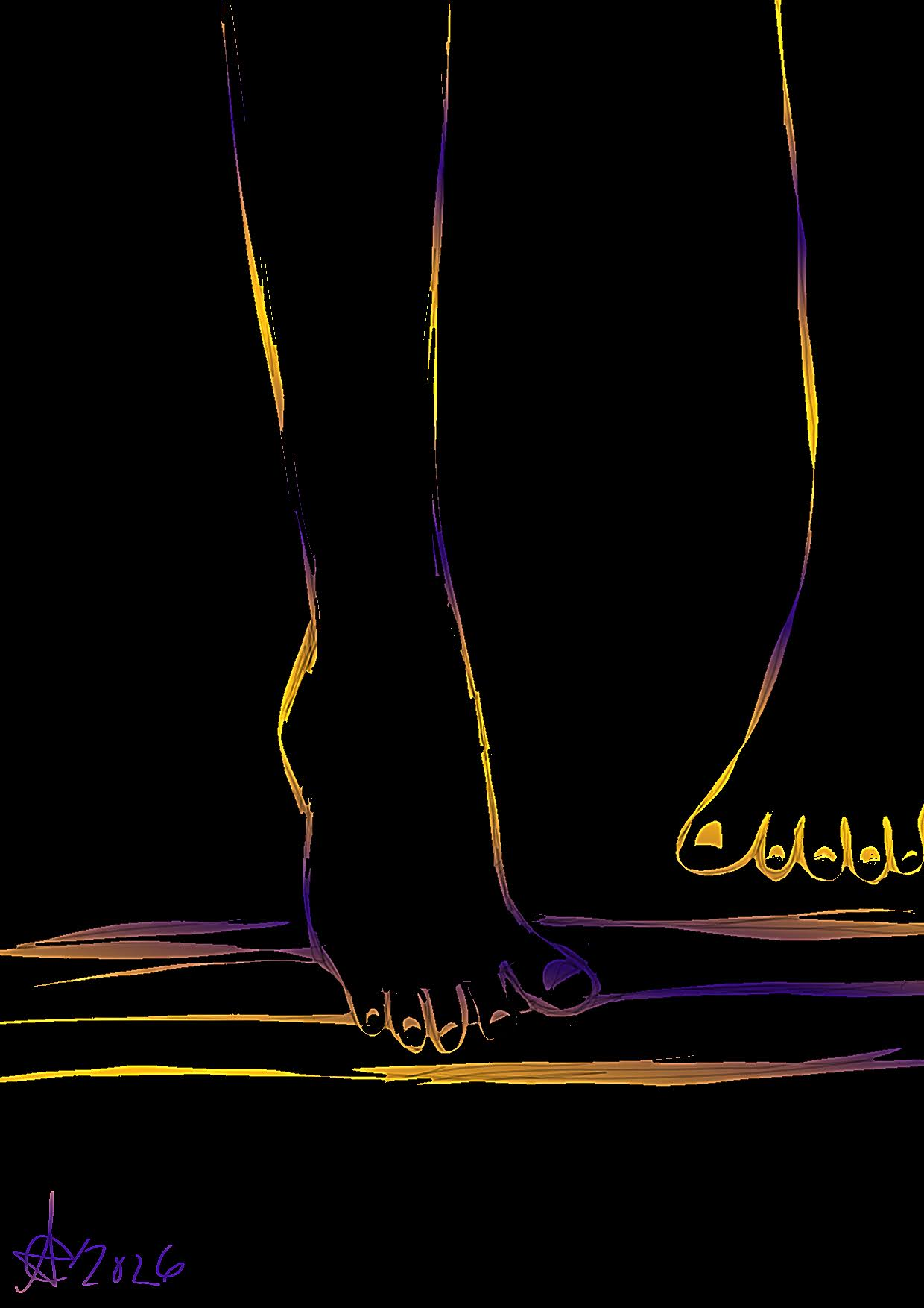 Feet outlined in gold and purple against a black background, with the artist’s 2026 signature.