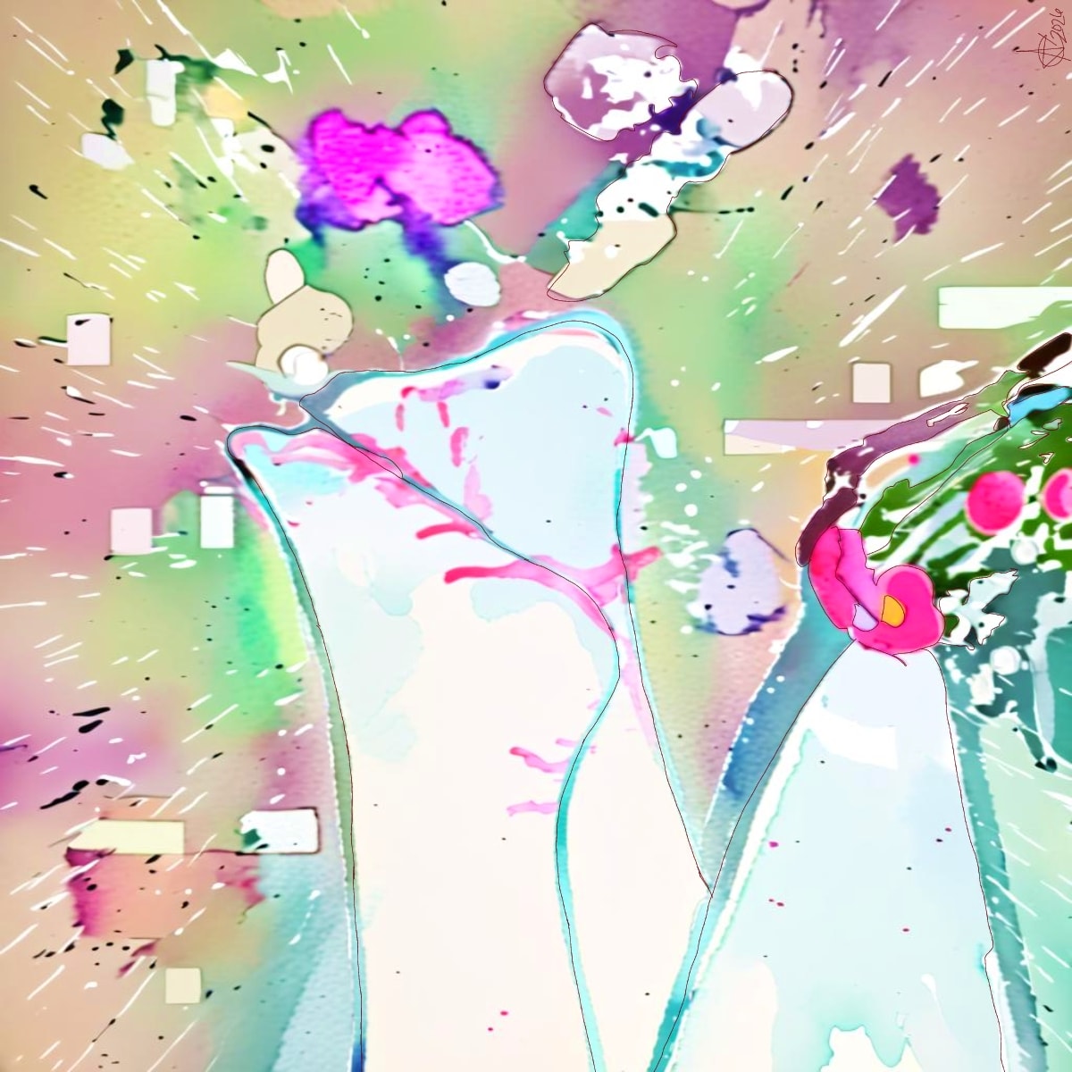 Pastel abstract digital artwork with large pale shapes, fluorescent pink details, and scattered marks.