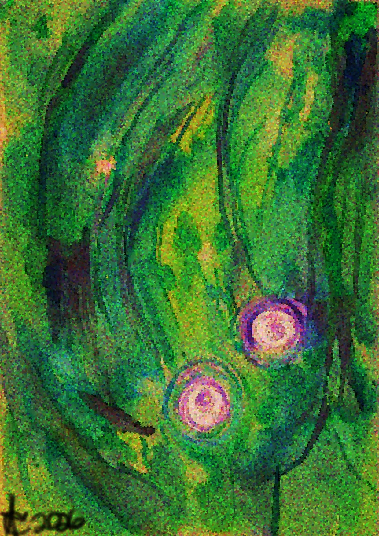 Green and blue abstract artwork with two pink circular forms and the artist’s signature.
