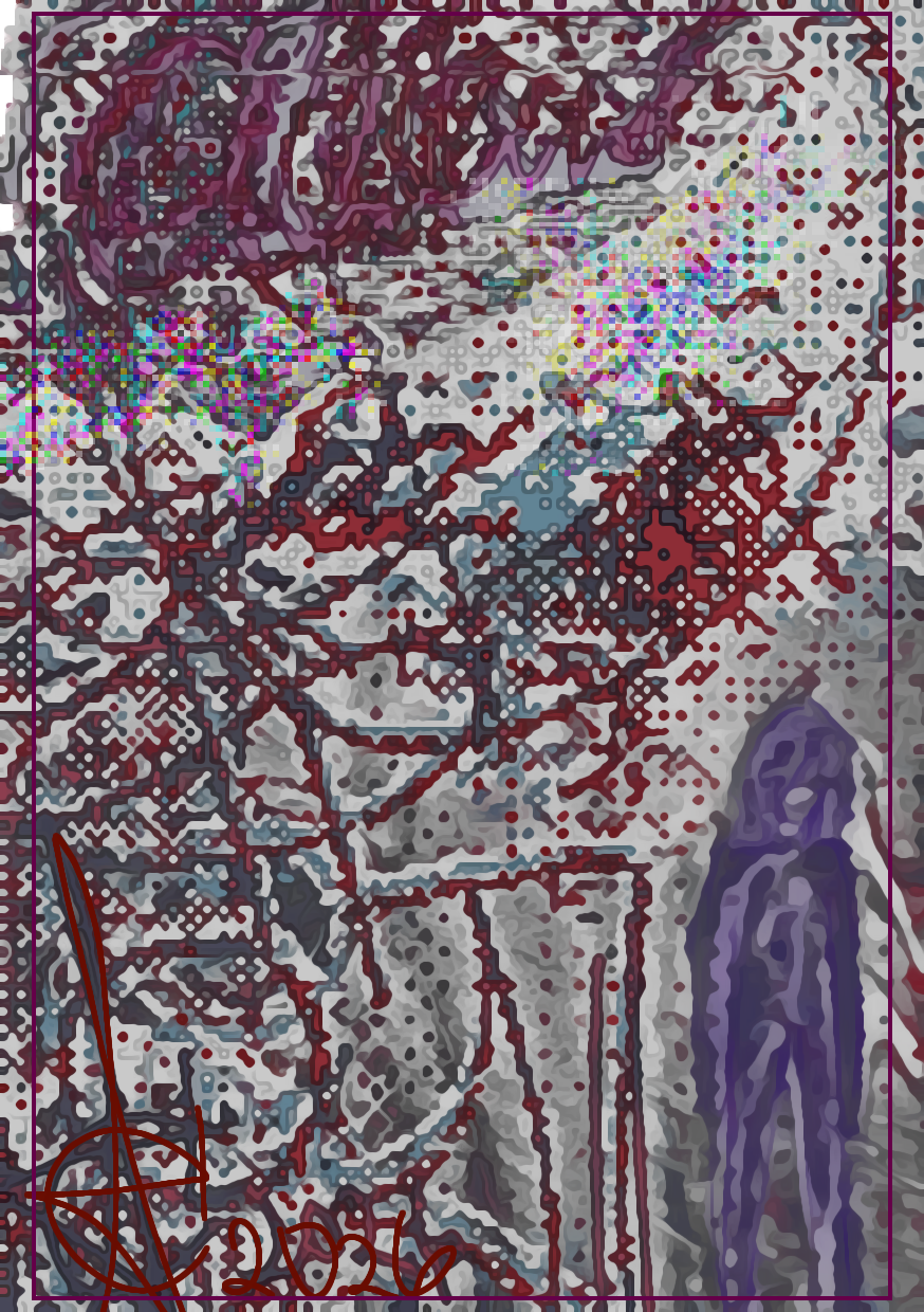 Abstract artwork in burgundy, gray, and purple with layered marks, a small purple figure, and a signature at the bottom.