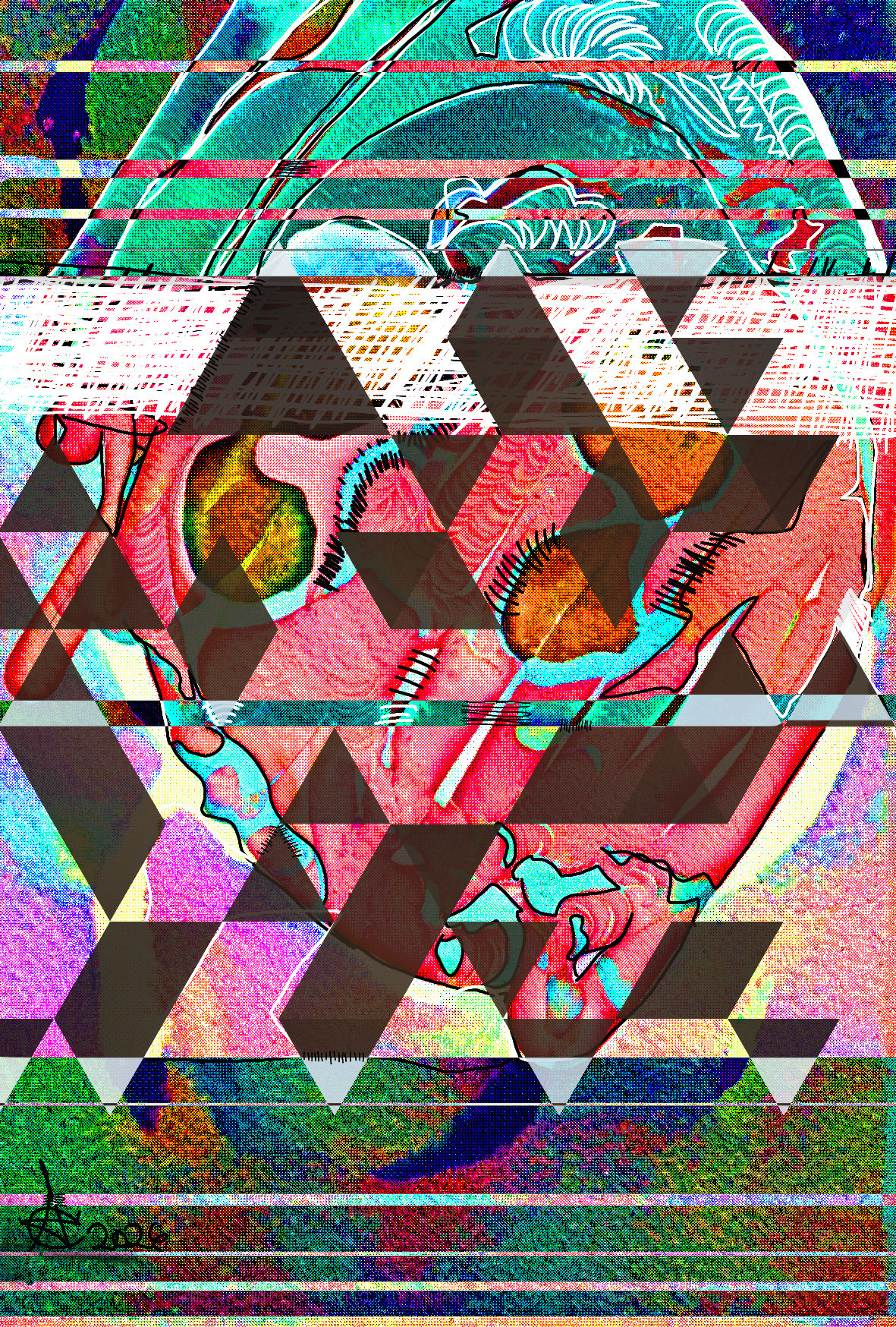 Vivid underwater-inspired abstract artwork with a face, geometric forms, and bright bands of color.