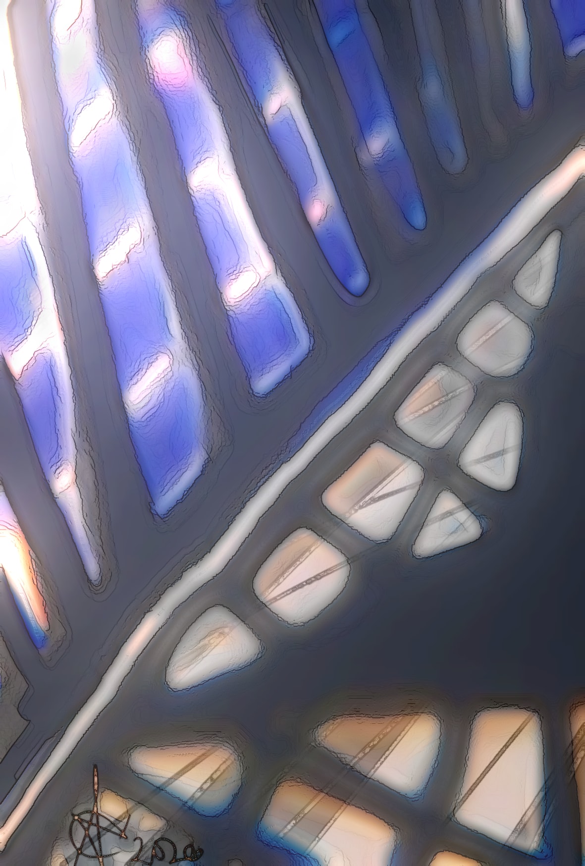 Blue and gray abstract digital artwork with illuminated shapes and curved lines.