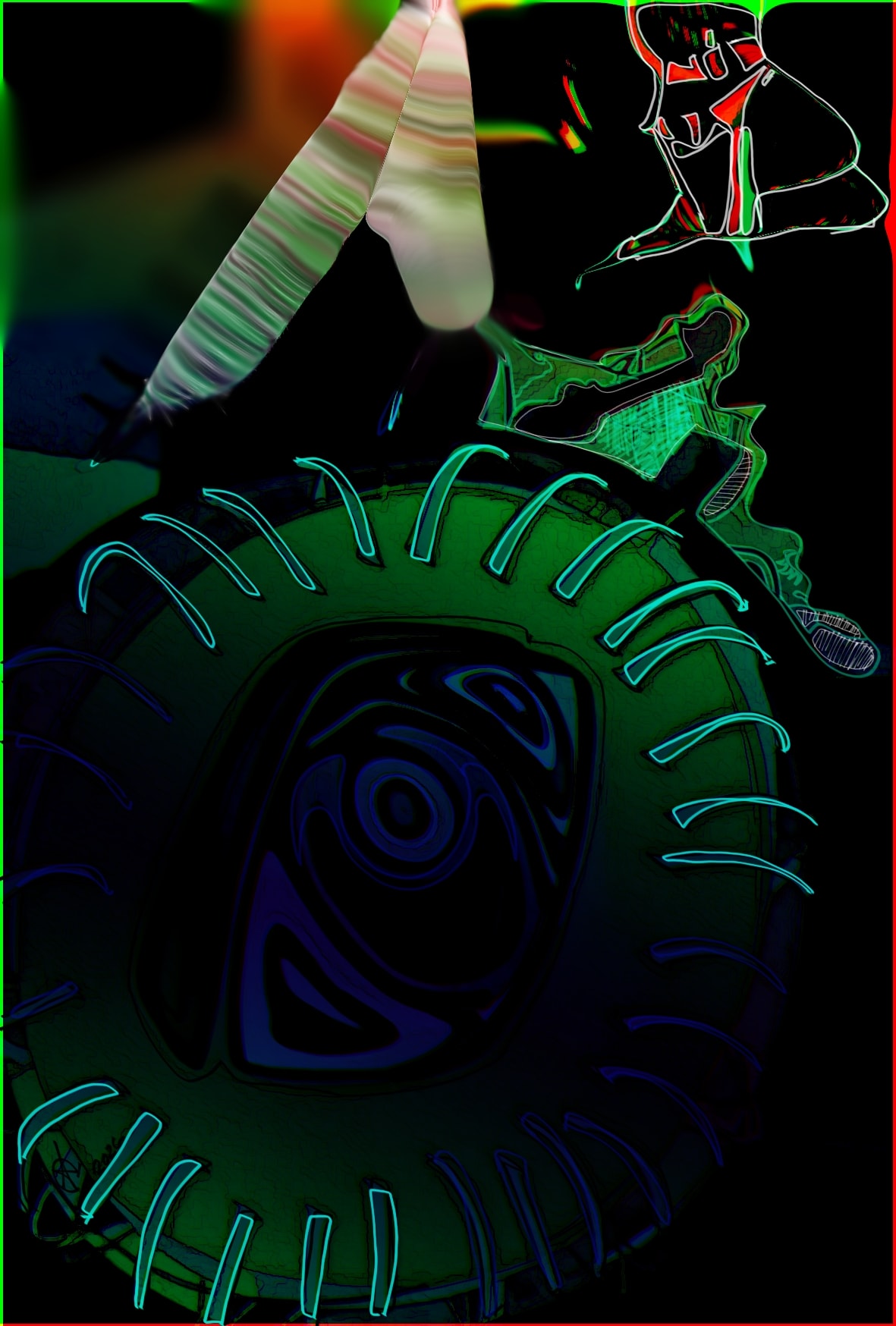 Neon-toned digital artwork showing a large eye, laces, and layered abstract forms.