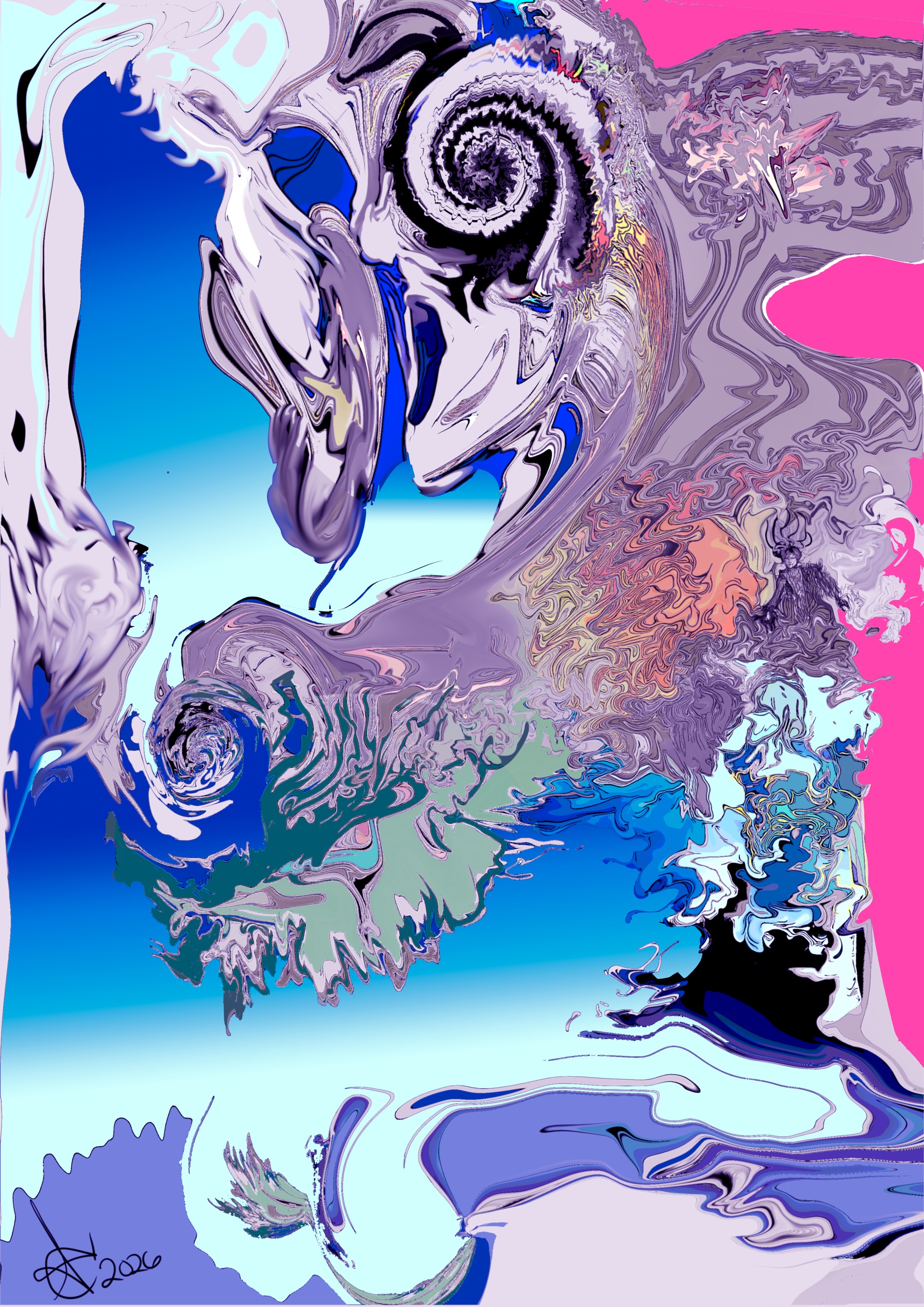 Abstract artwork with swirling lavender, blue, pink, and black forms, signed 2026.