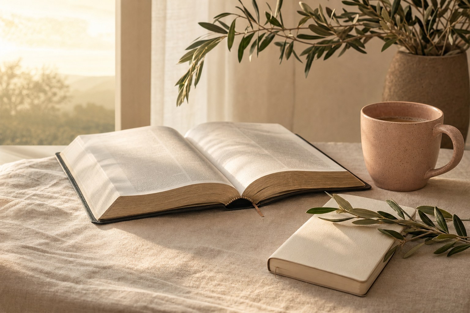 Open Bible and cream journal in warm morning light beside olive branches