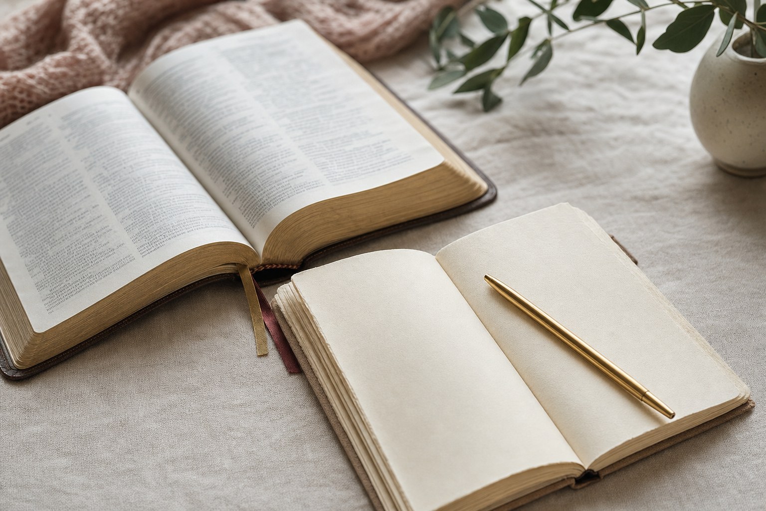 Open Bible beside a blank cream journal and gold pen