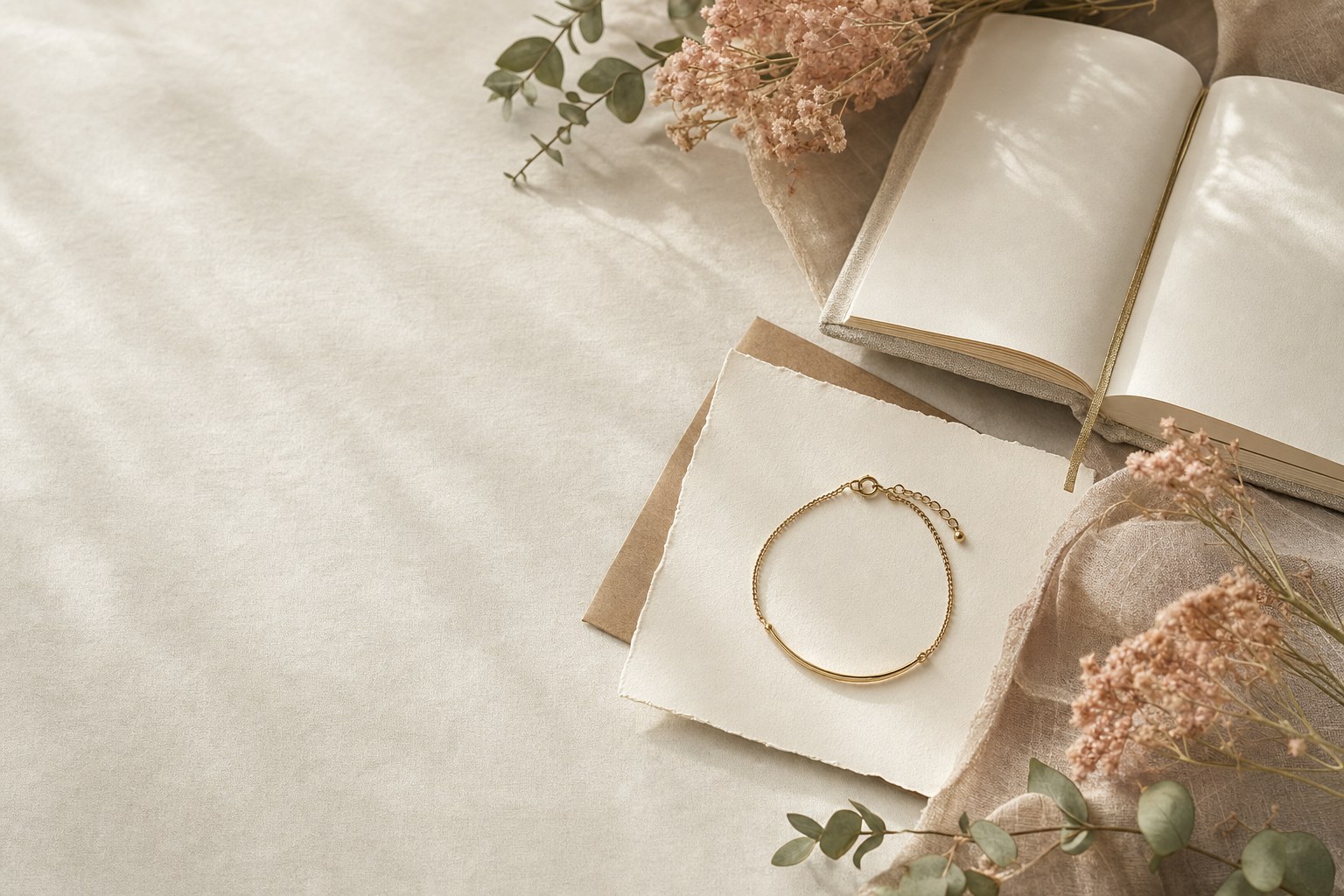 Gold bracelet beside a journal and dried flowers
