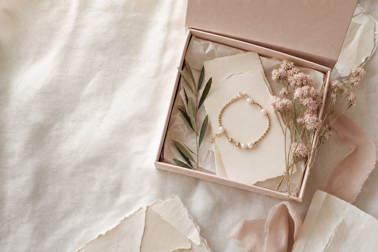 Gift box with a bracelet, affirmation cards and pink flowers