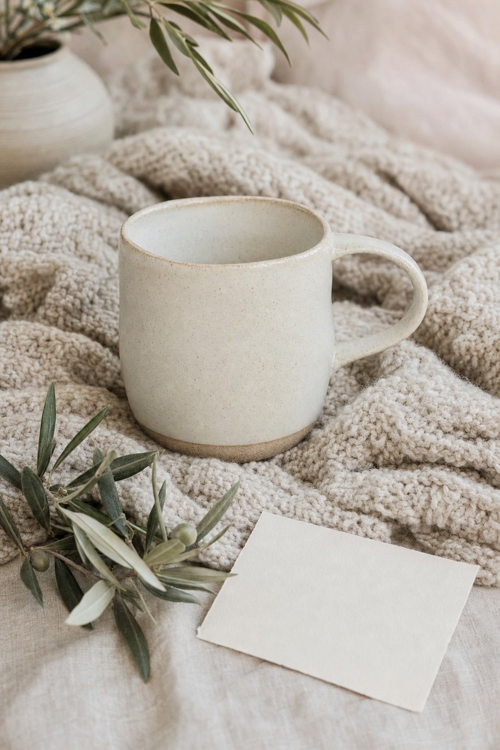 Cream ceramic mug on an oatmeal knit blanket
