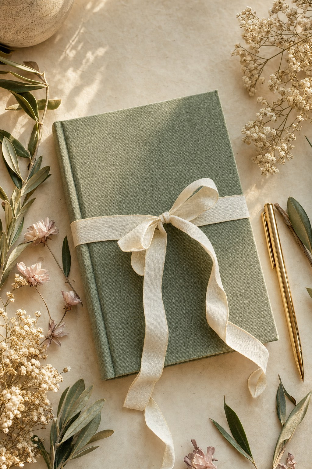 Sage journal with ivory ribbon and olive branches