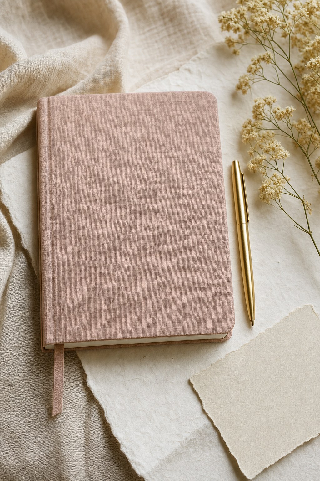 Blush journal, gold pen and dried flowers