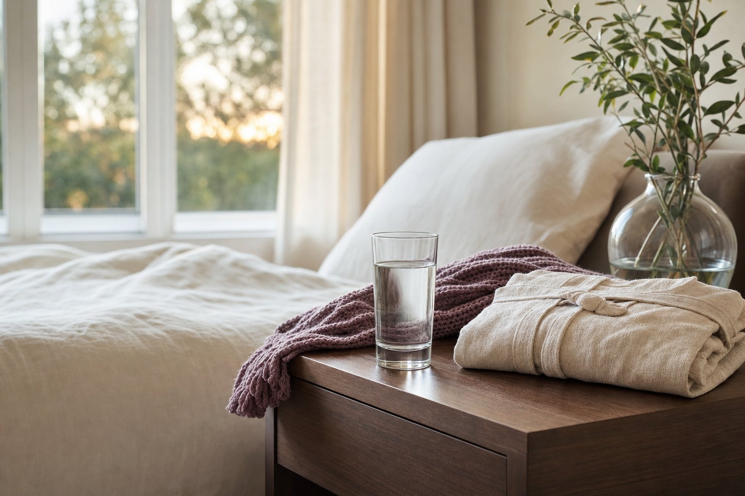 A glass of water, folded robe, and soft throw beside a restful bed