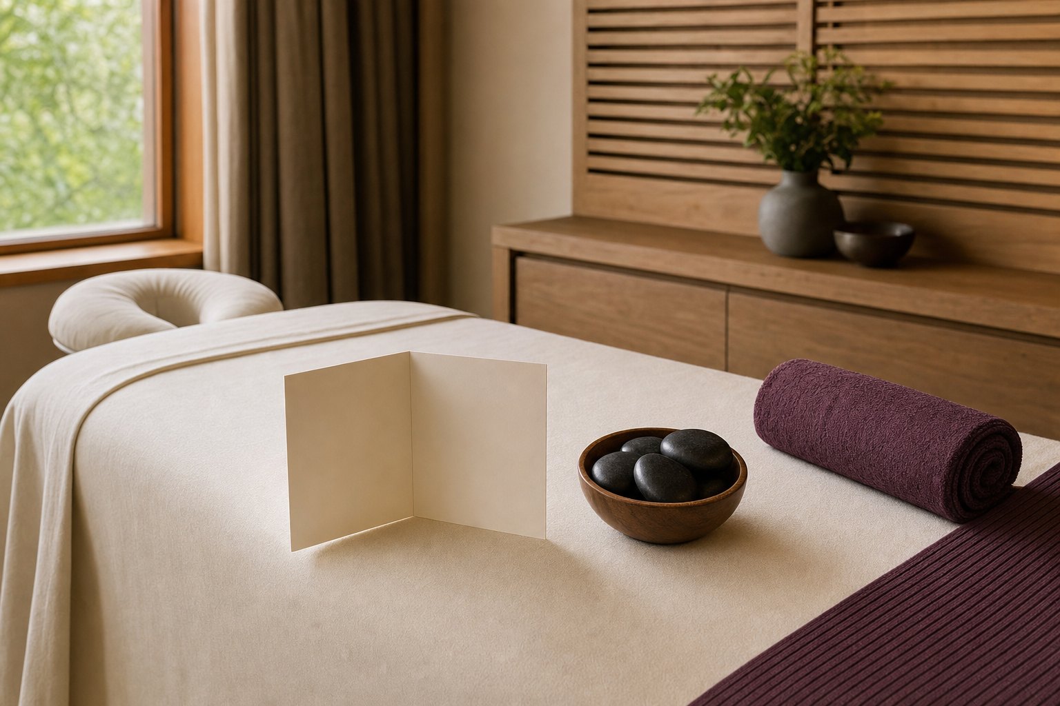 A calm massage table with a bowl of massage stones and a folded purple towel