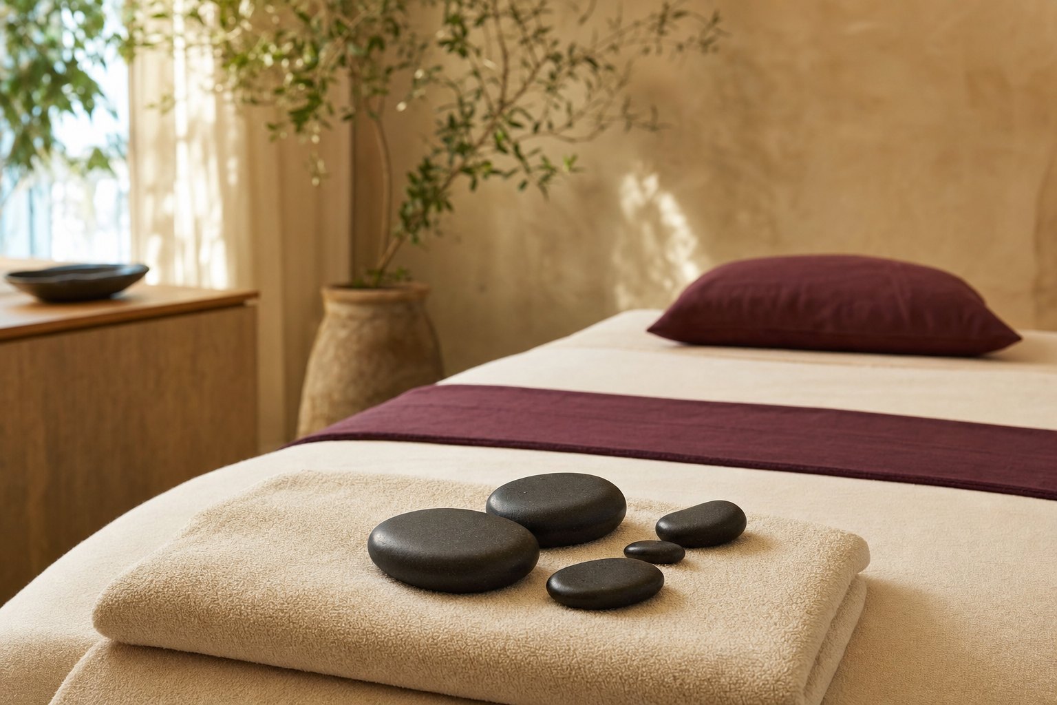 Warm massage stones on a folded towel in a calm treatment room