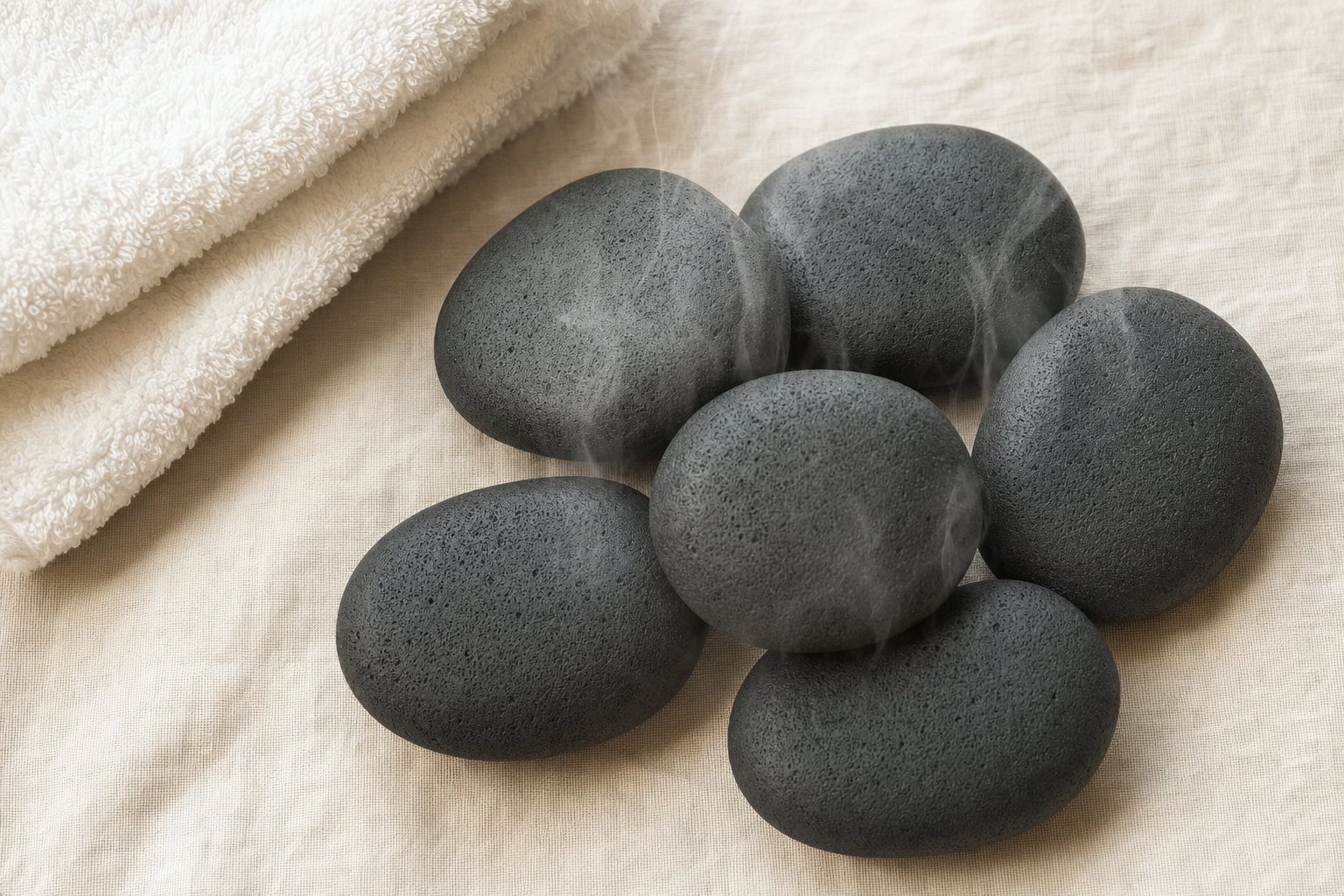 Smooth warm massage stones resting on cream linen beside folded towels
