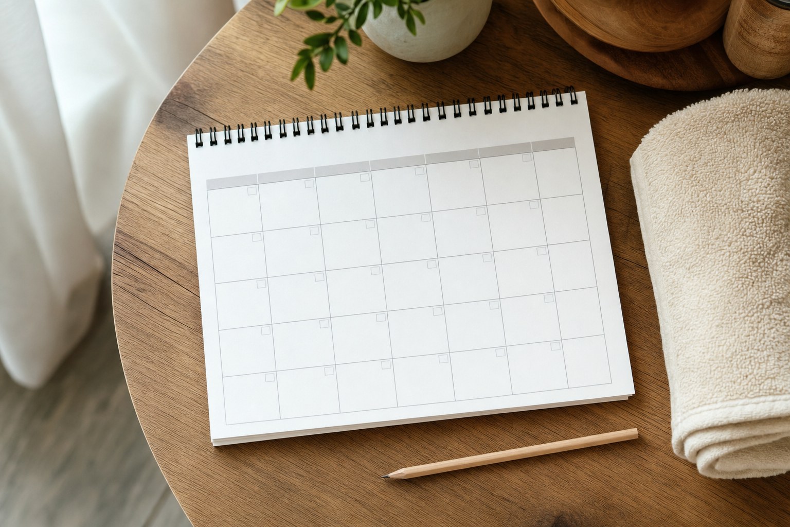 A blank monthly calendar beside a towel and pencil