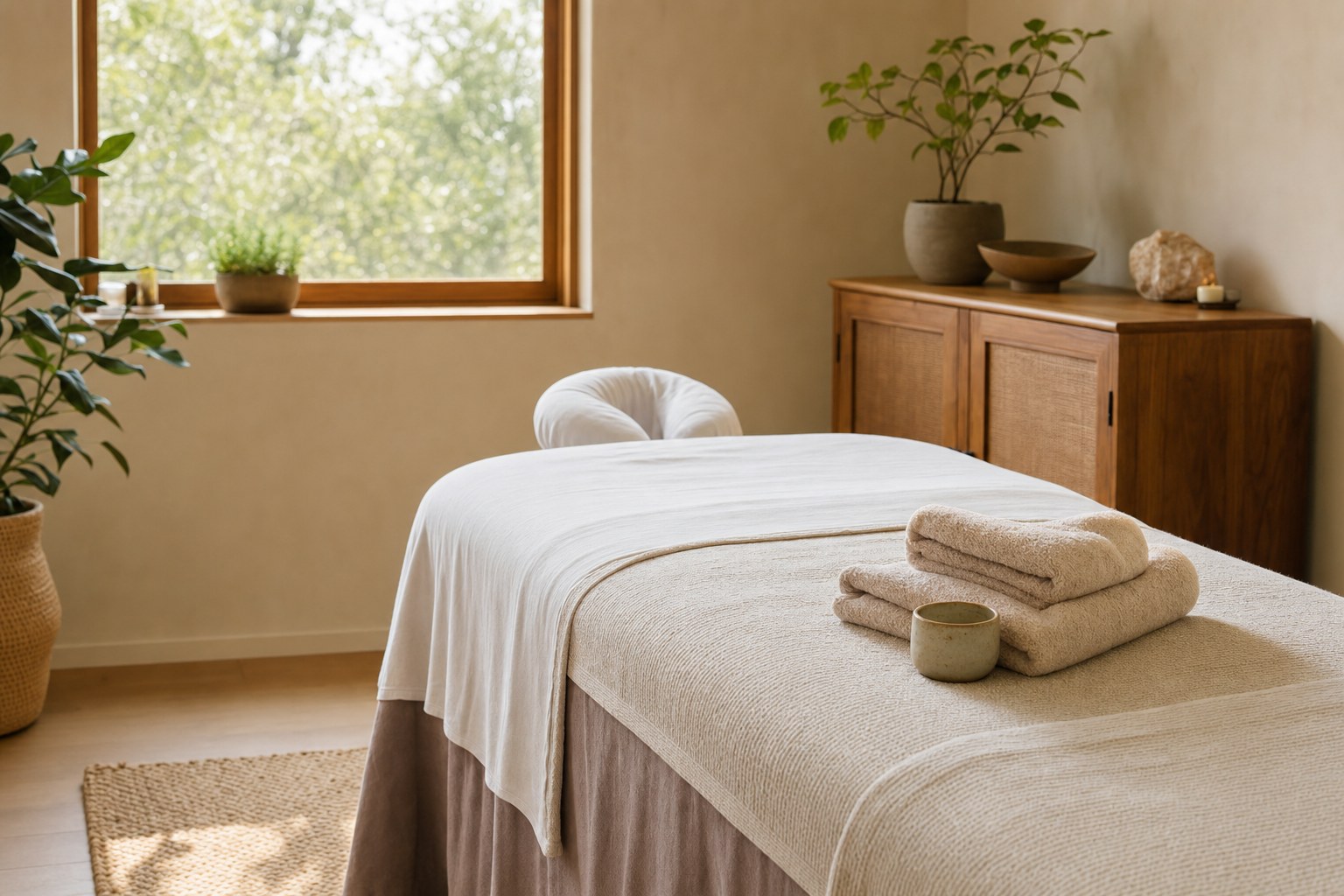 A prepared massage table in a calm treatment room