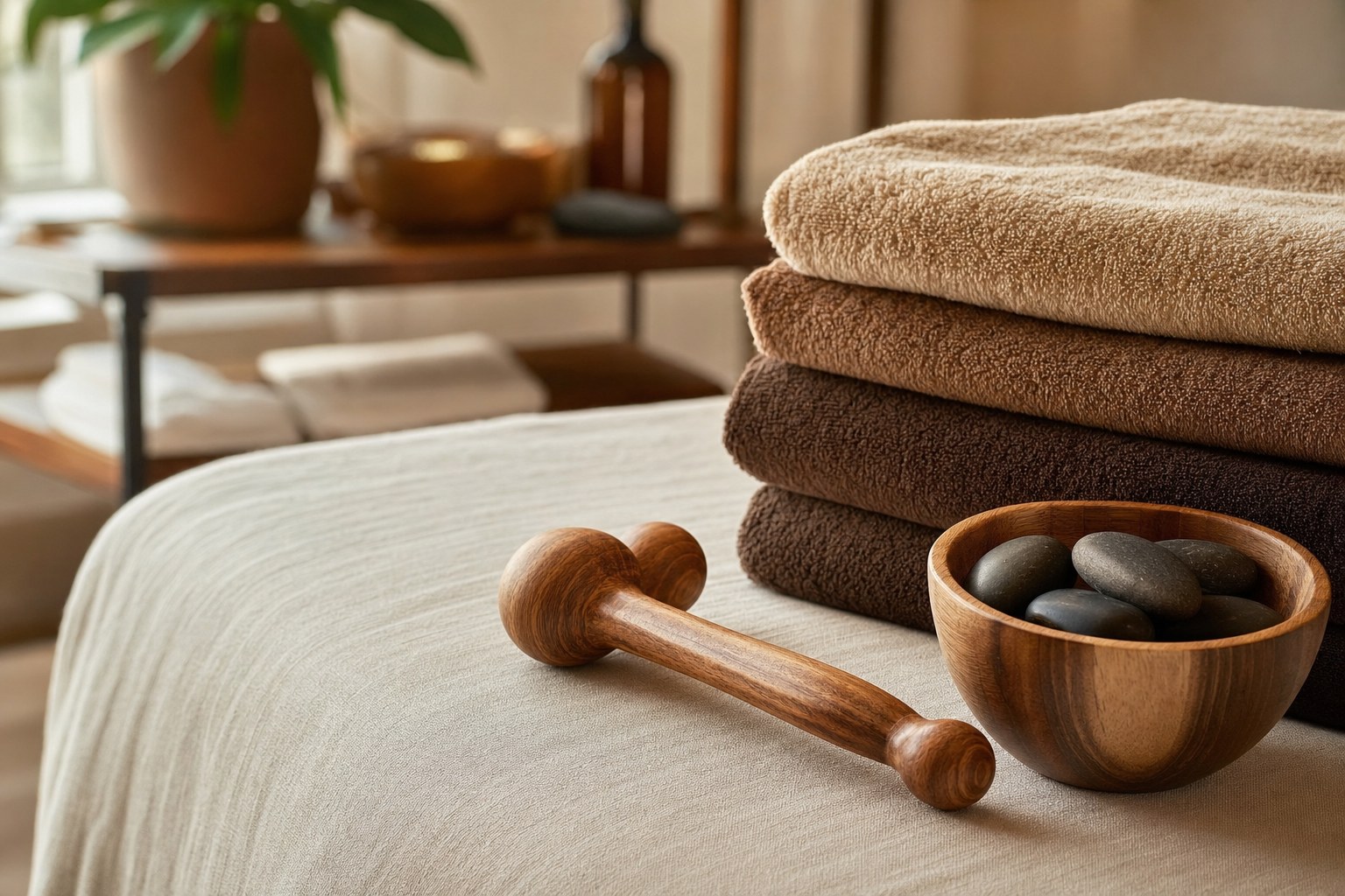 Warm towels, massage stones, and a wooden massage tool