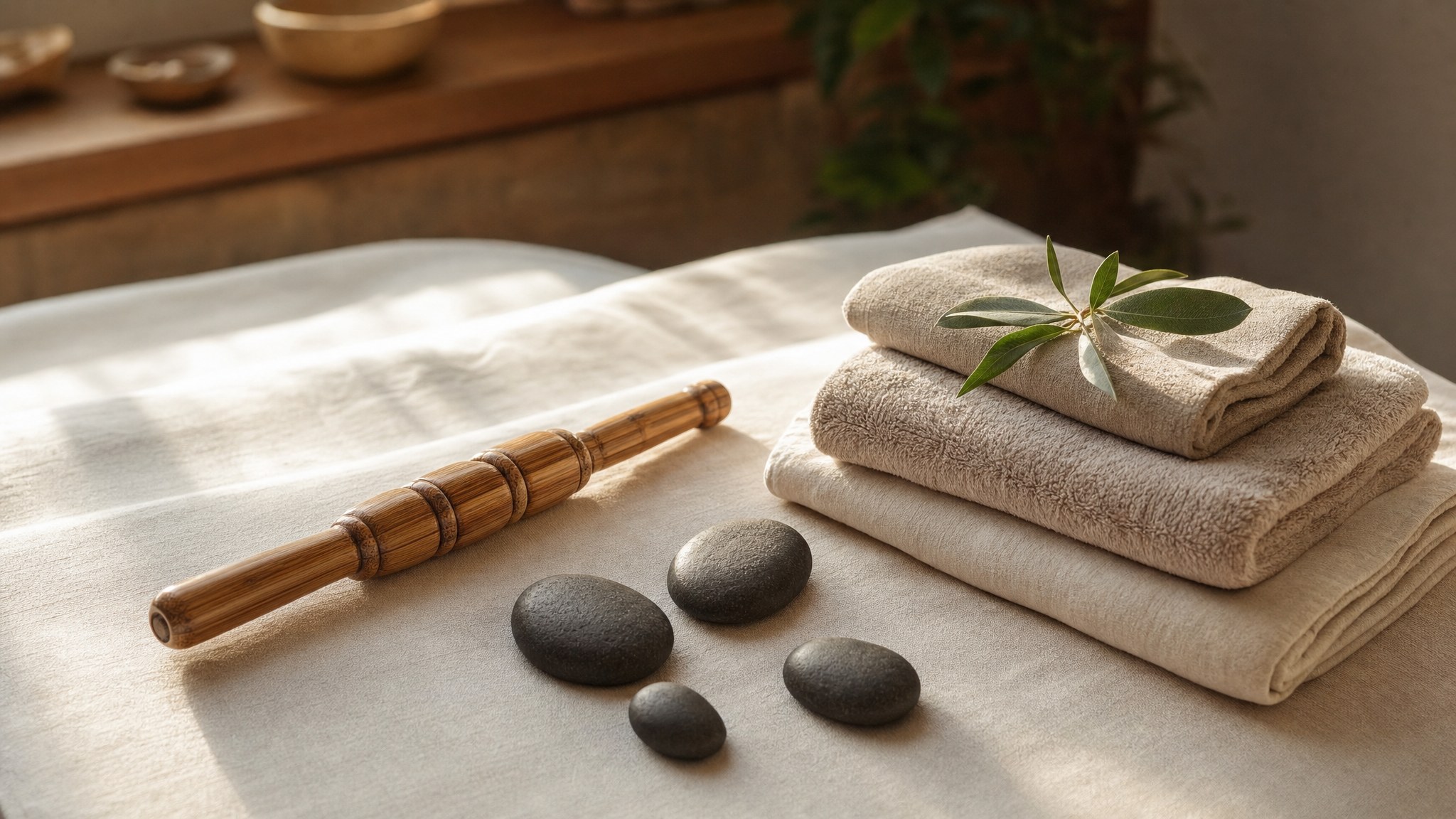 Warm stones, bamboo massage tool, and folded towels prepared for a massage