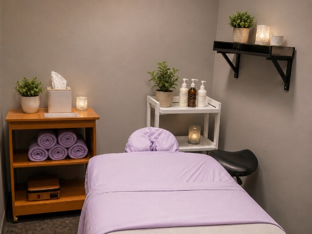 KNOTherapy's warm lavender treatment room in Derry