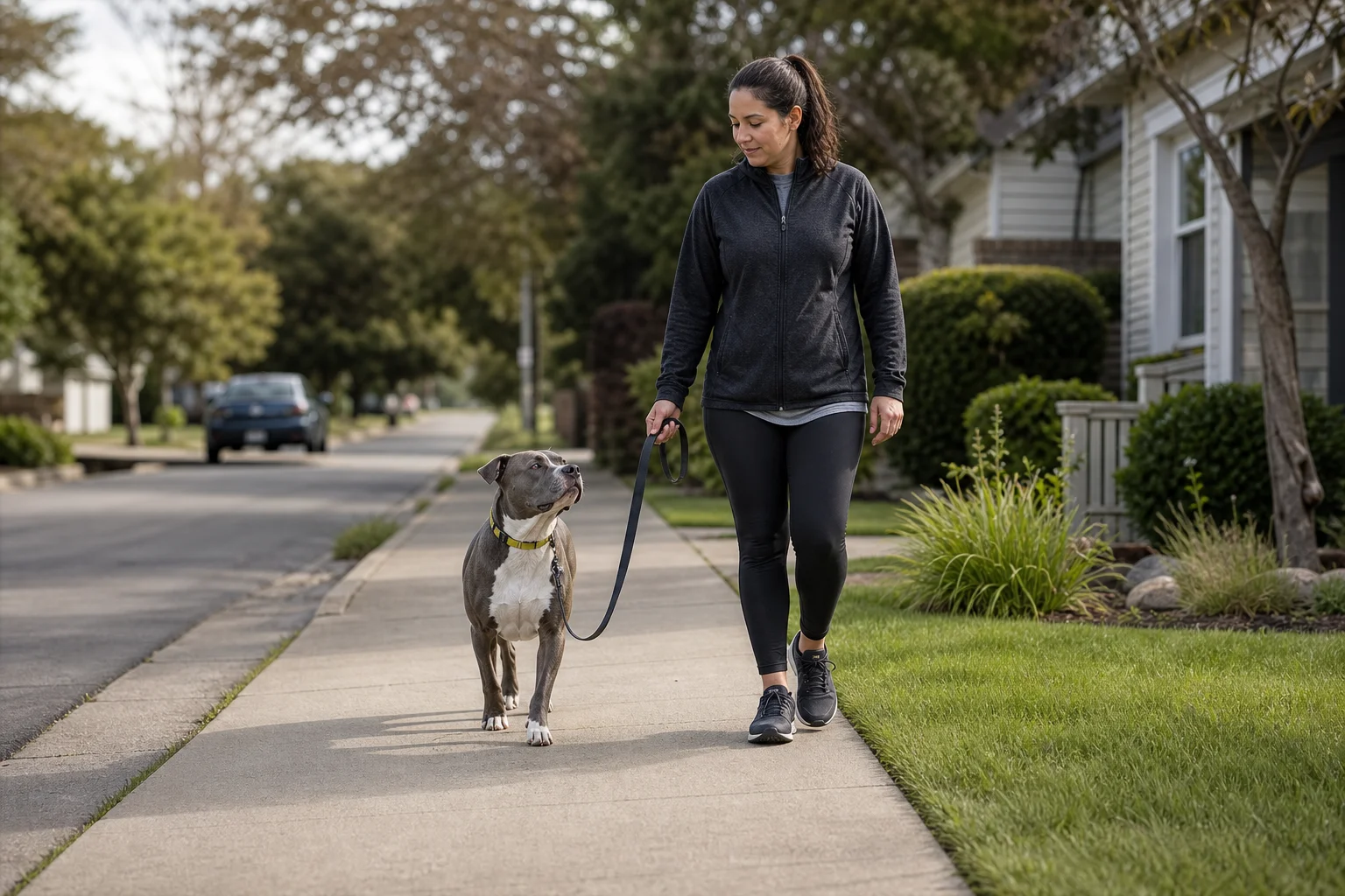 Pitbull walking calmly beside an owner on a loose leash