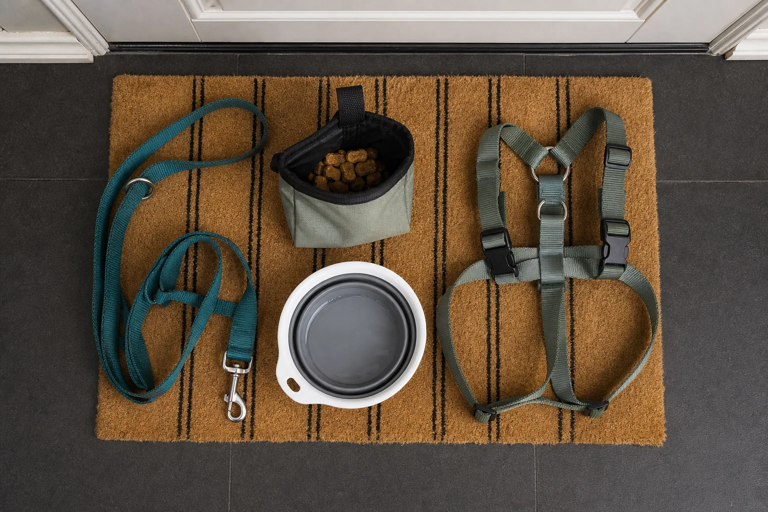 Leash, treat pouch, water bowl, and harness prepared for a dog walk