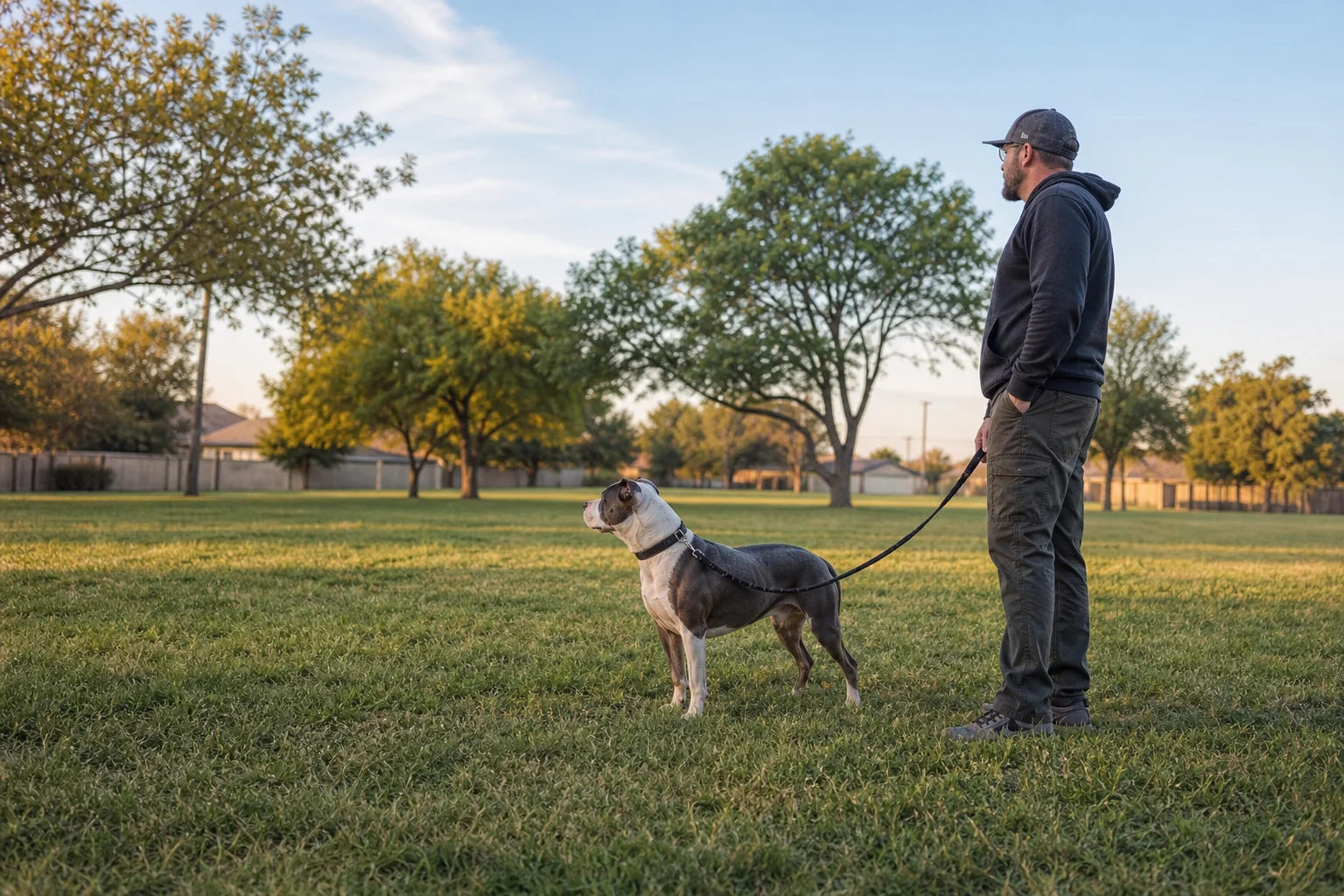 Pitbull and owner pausing calmly in a quiet open space