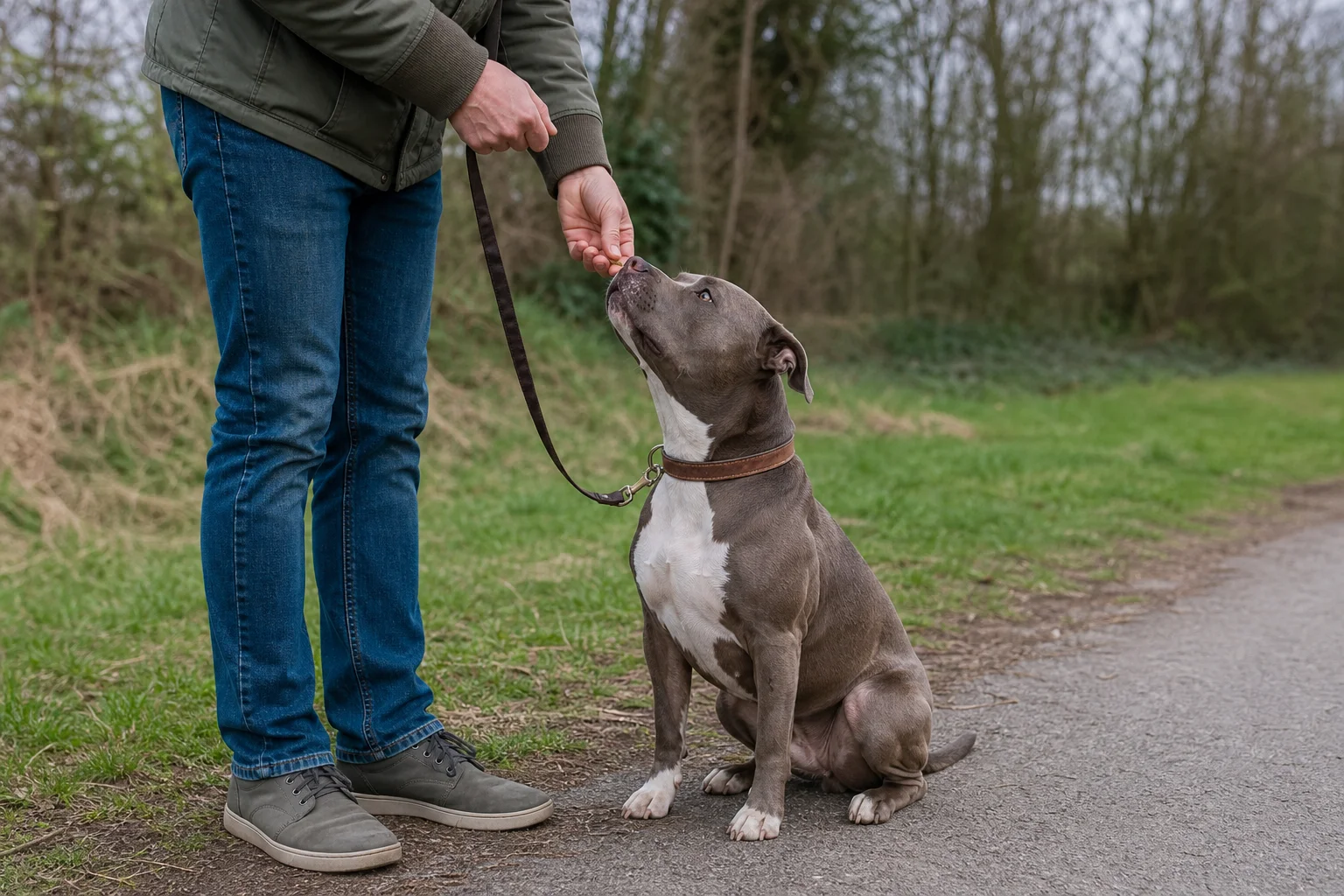 Owner rewarding a pitbull for a calm check-in on a loose leash