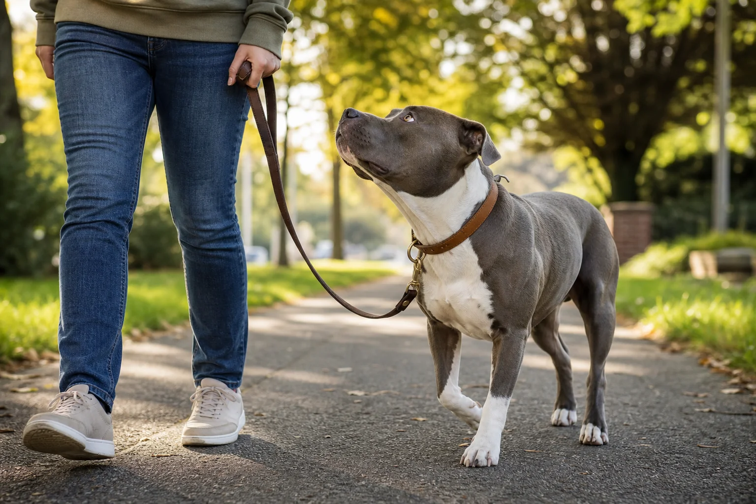 Pitbull checking in with an owner during a loose-leash walk