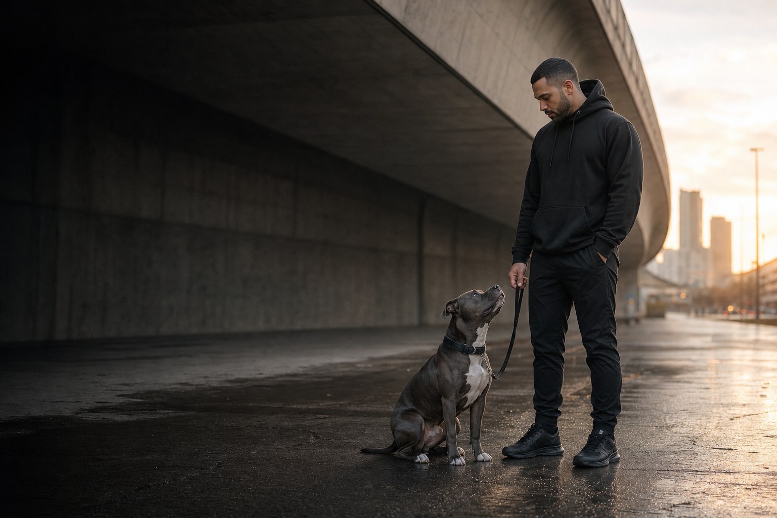 A handler standing with an attentive pitbull on a city walkway