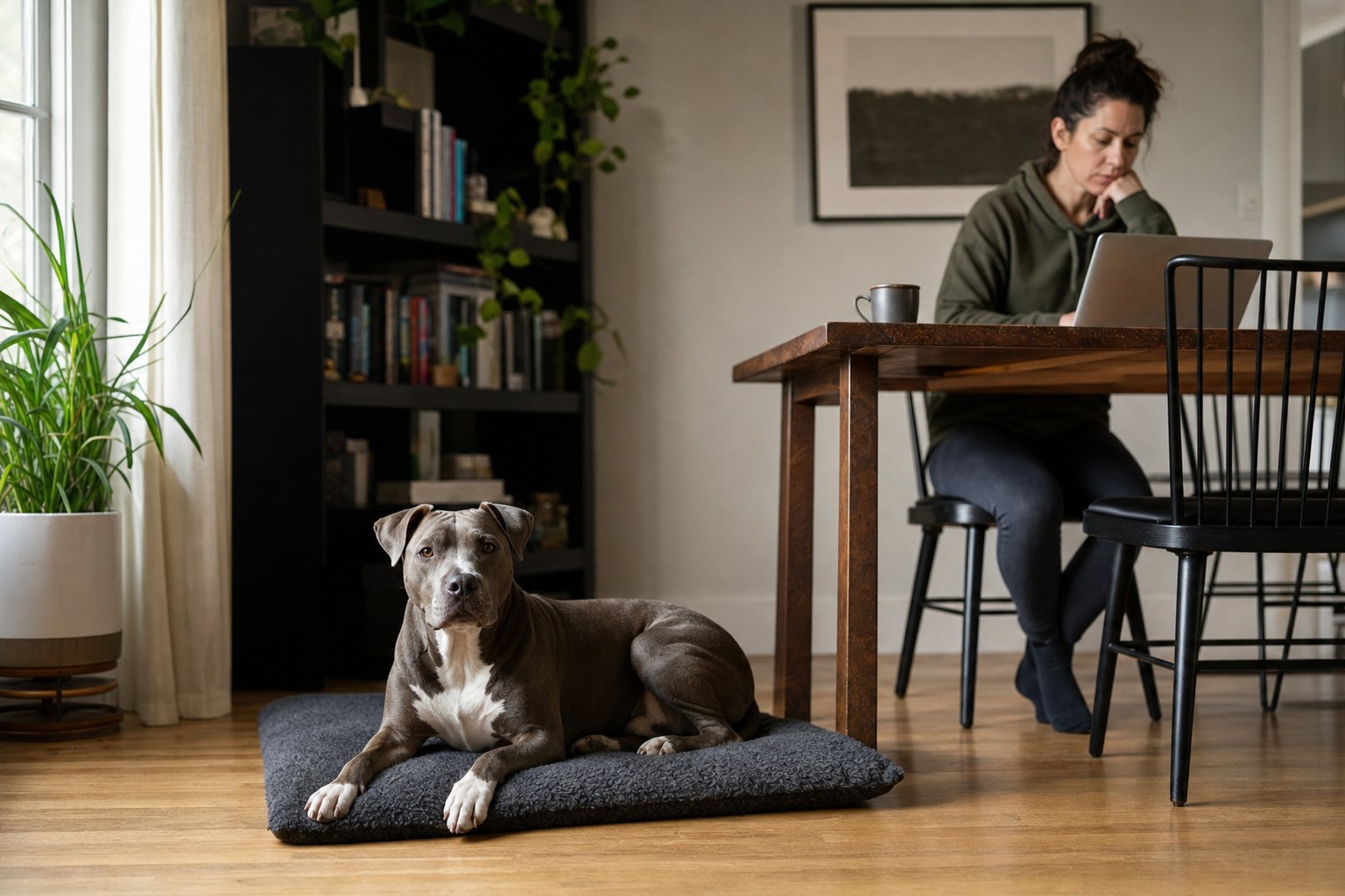 Pitbull resting calmly on a mat at home