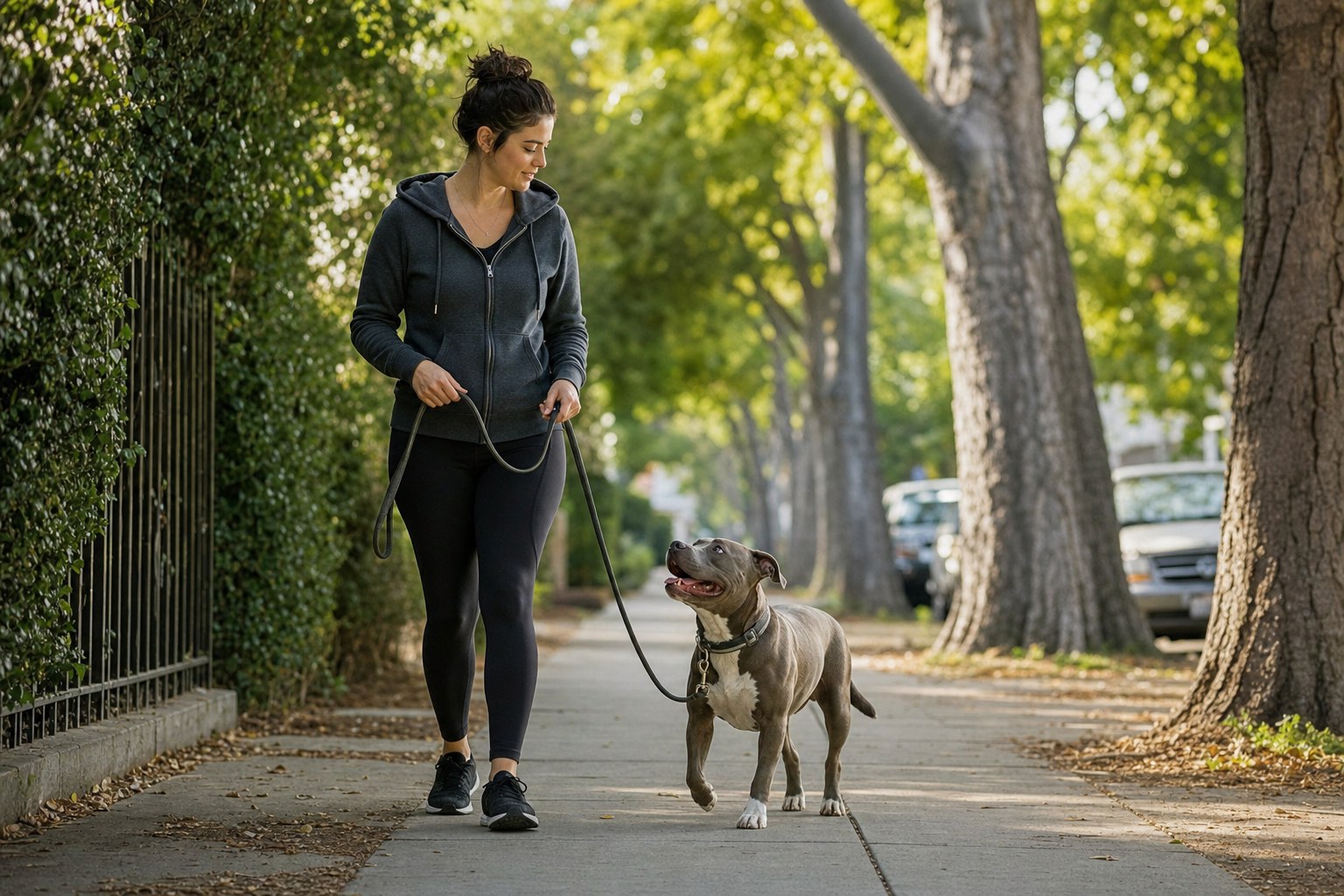Pitbull and owner practicing calm loose-leash walking
