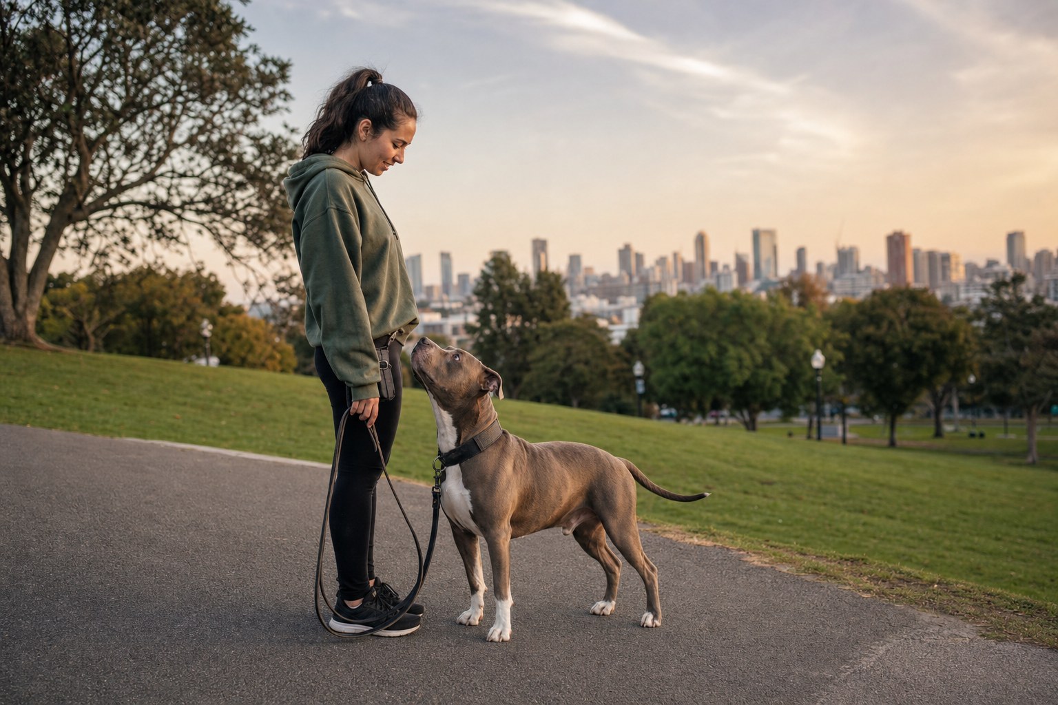 Pitbull and owner pausing together at a park
