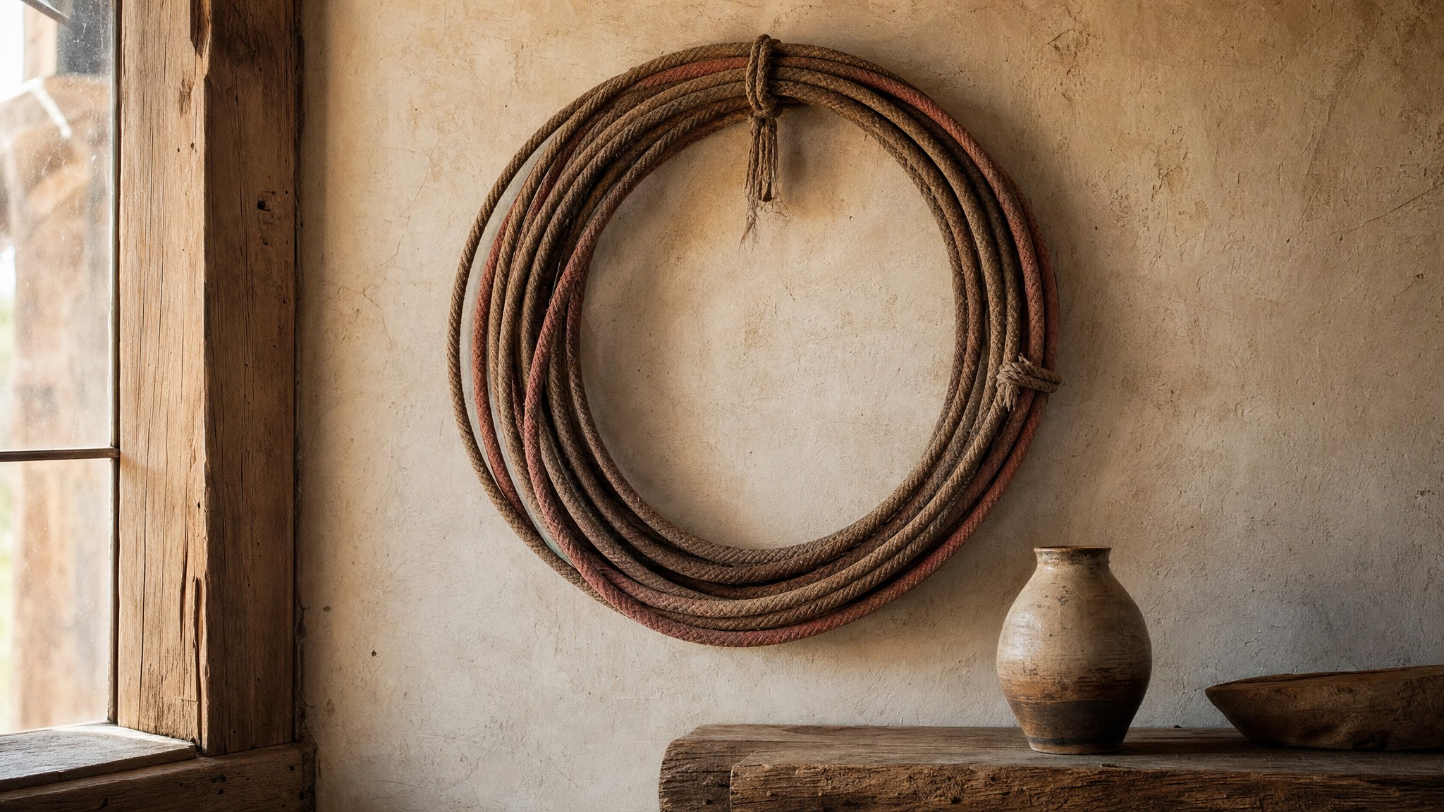 Weathered rope arranged as a circular wall accent in a warm home interior