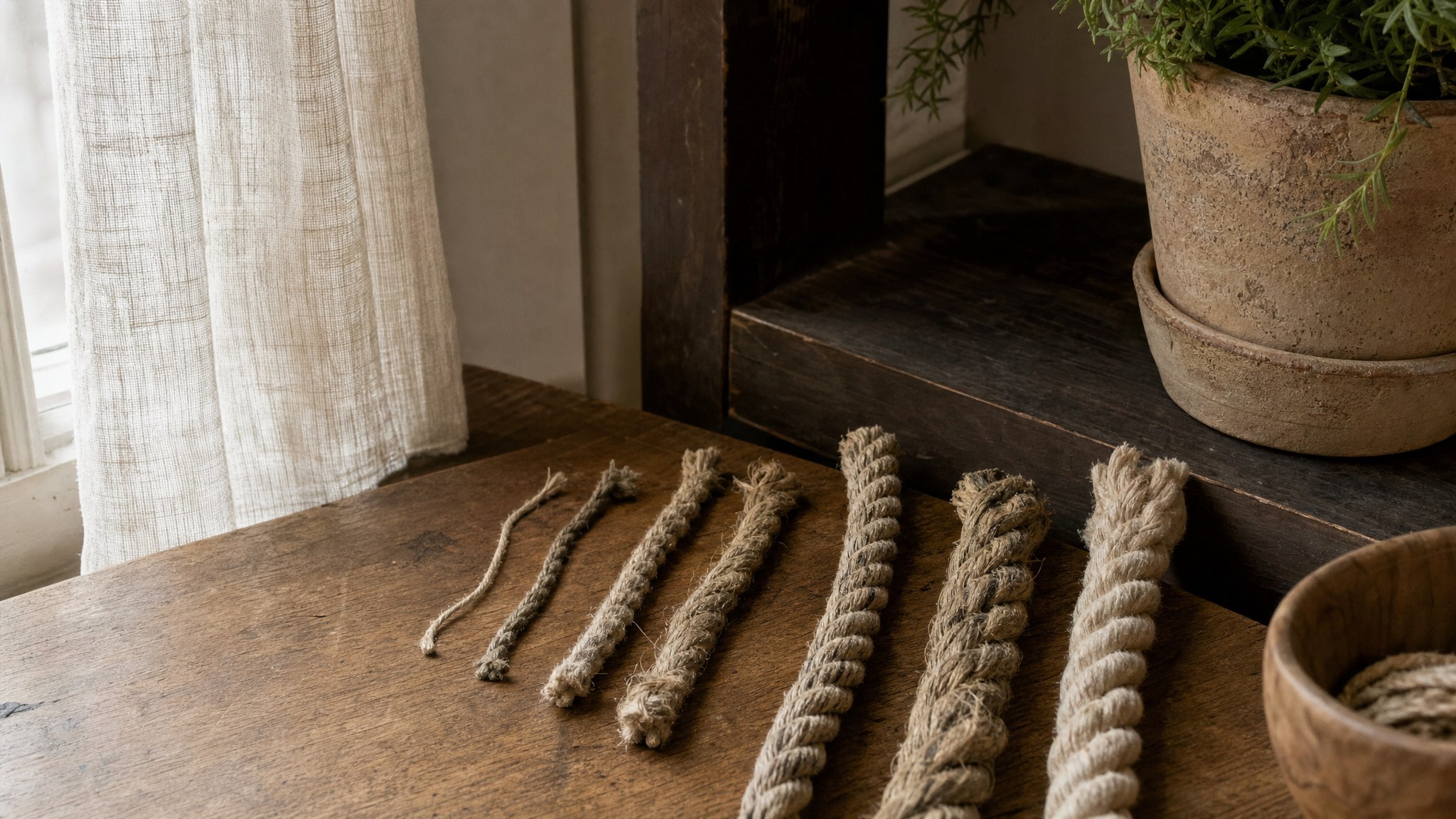 Several rope thicknesses and textures arranged beside linen, dark wood, and a clay planter