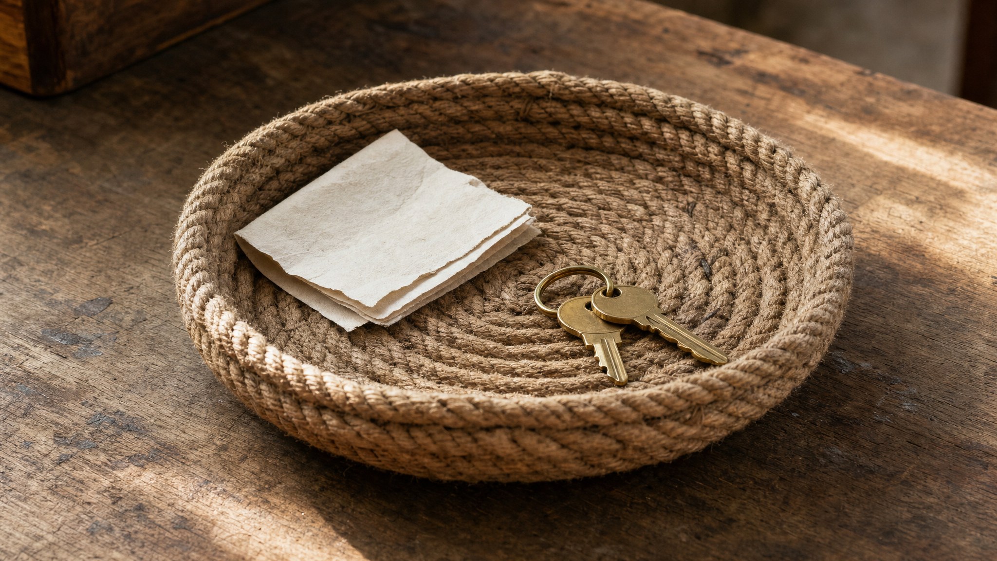 Handmade coiled rope tray holding brass keys and folded paper on a weathered wood table