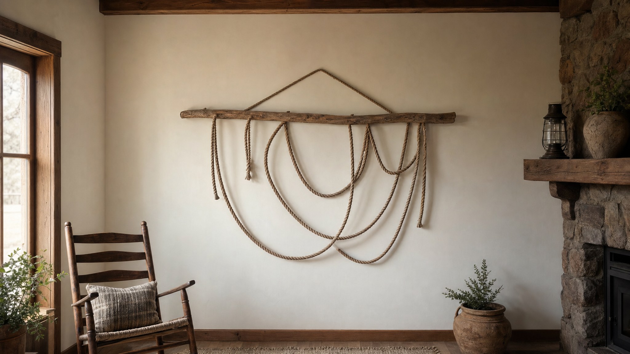 Simple rope wall hanging on reclaimed wood in a western-inspired home interior