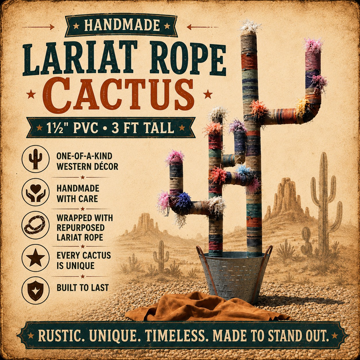 Handmade lariat rope cactus with a patterned container
