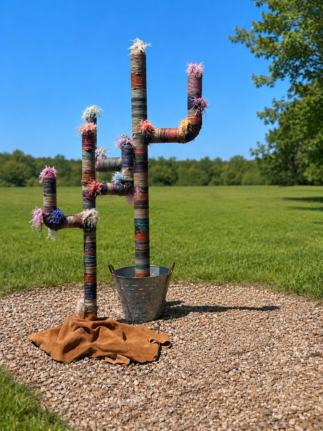 Tall handmade lariat rope cactus sculpture with a metal bucket base