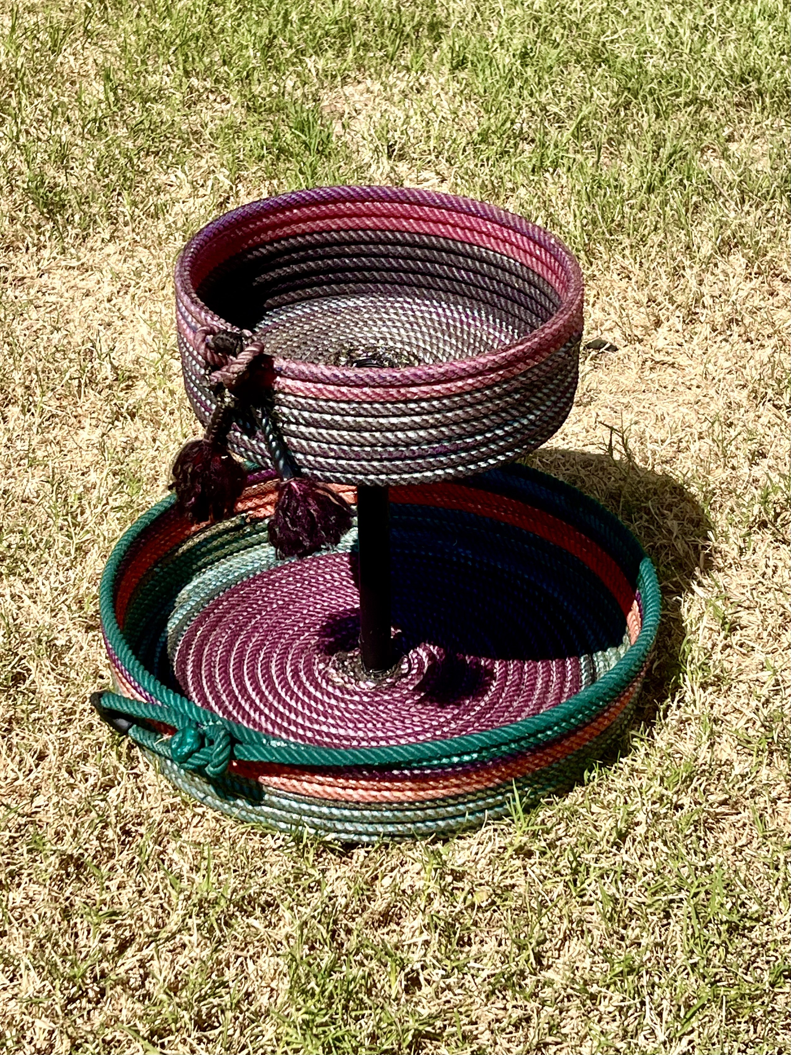 Handmade tiered rope work in burgundy, black, and turquoise