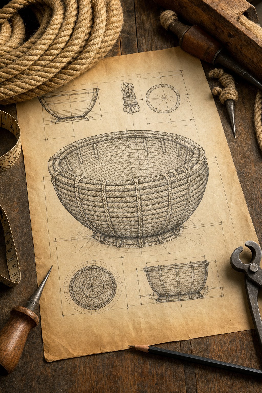 A rope vessel project sketch with lariat rope and measuring tools