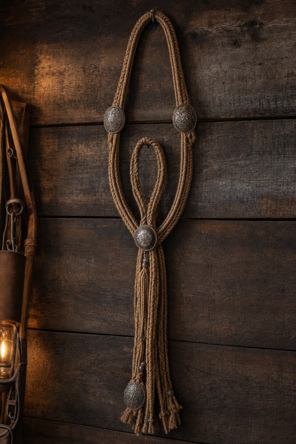 A lariat rope wall hanging against dark reclaimed wood