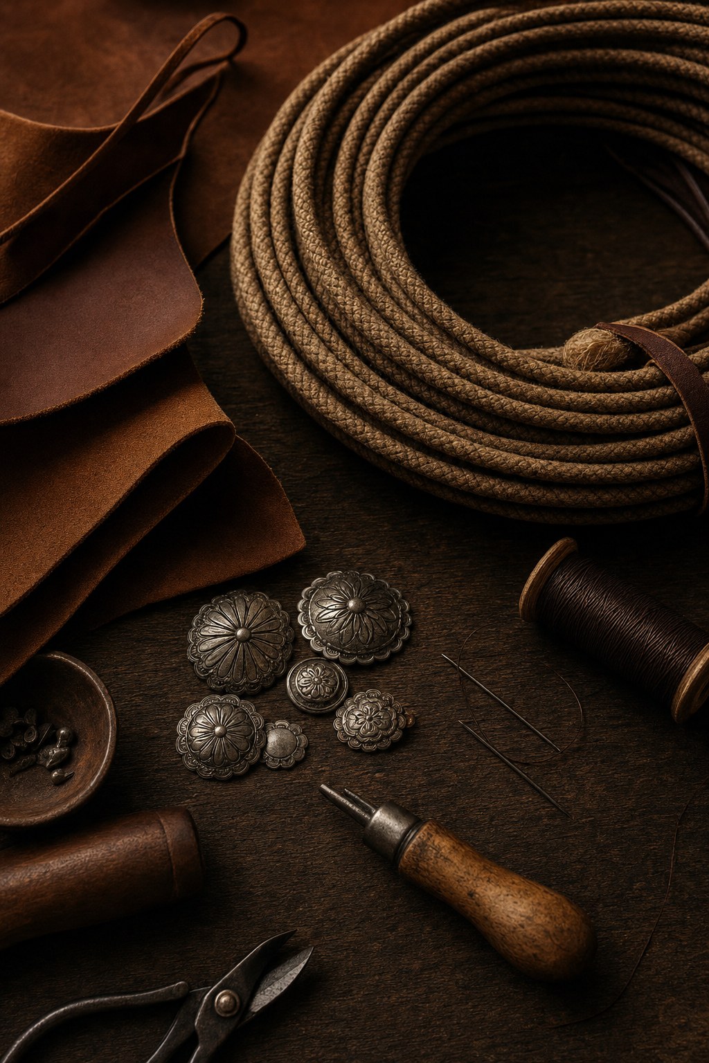 Lariat rope, Western conchos, and tools on a dark workbench