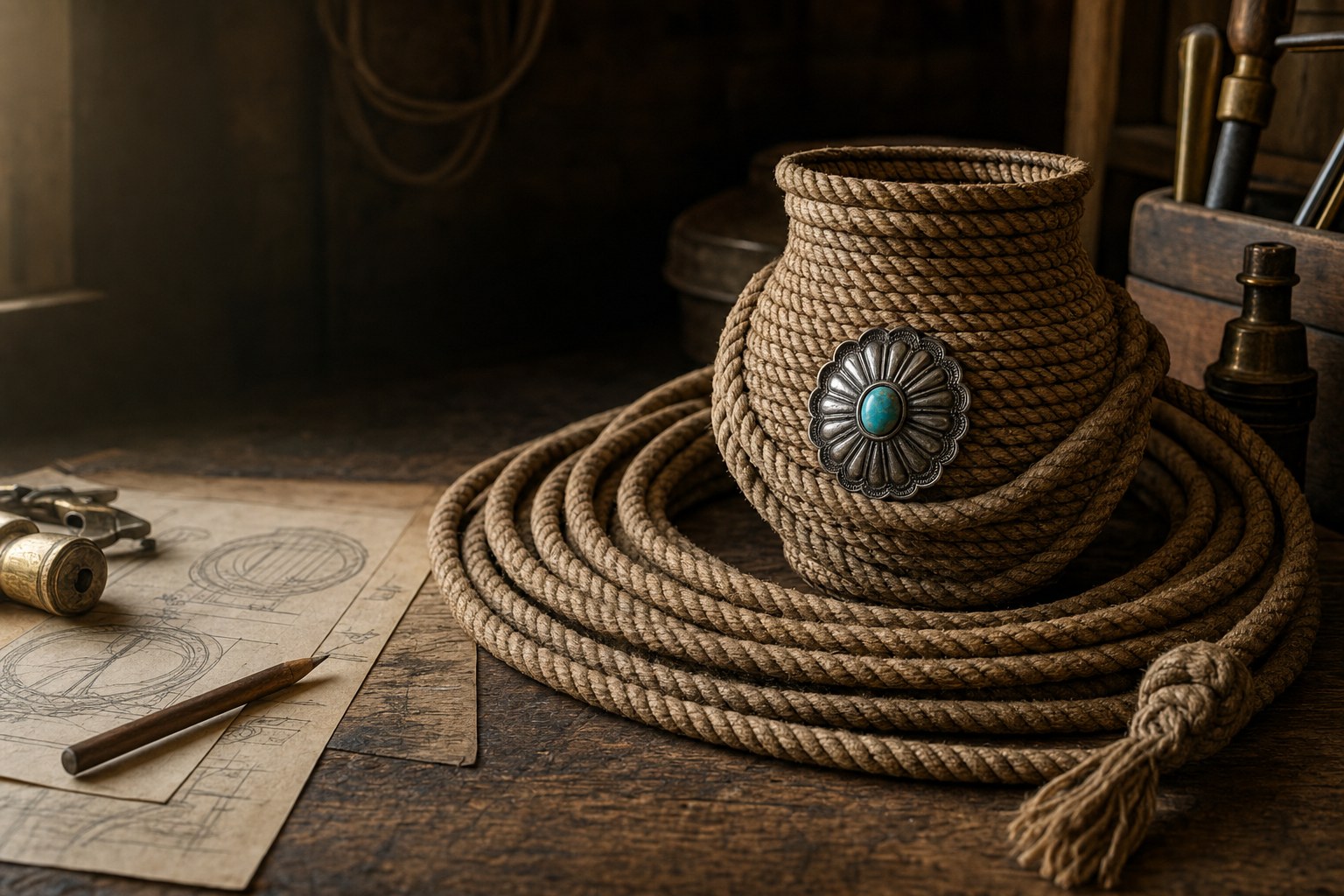 Coiled lariat rope, workshop tools, and a rope vessel on a dark workbench