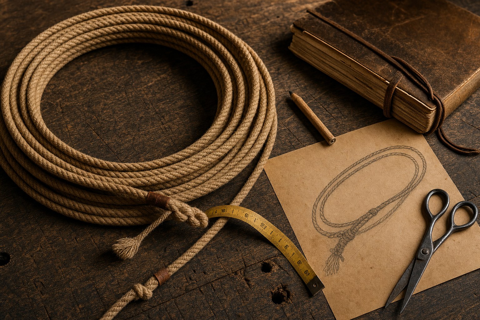 Lariat rope, a notebook, and tools arranged on a worktable