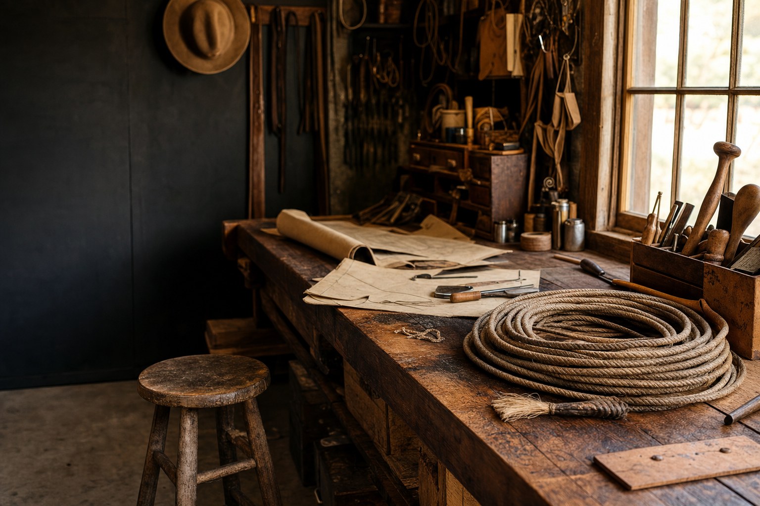 An unoccupied craft workbench by a warm window