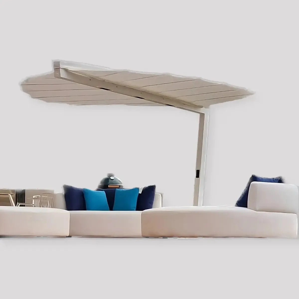 Heatsail LEAF providing outdoor comfort above a seating area