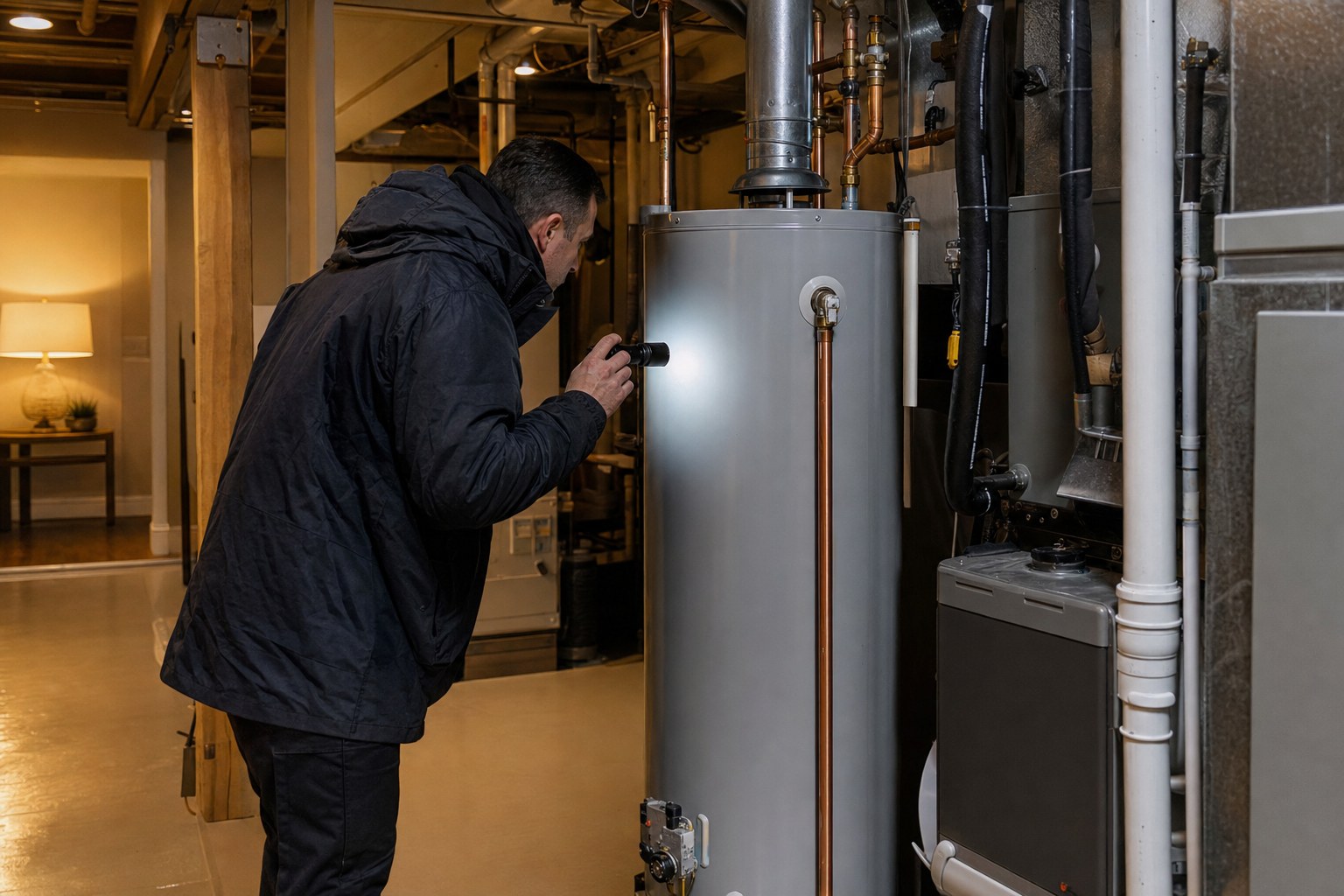 A professional inspecting a home utility room