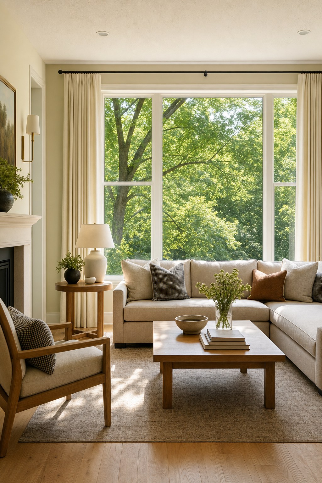Sunlit living room with leafy trees outside