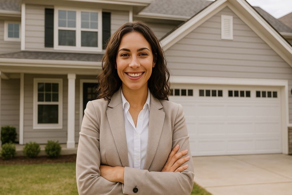 Realtor standing outside a well-kept suburban home